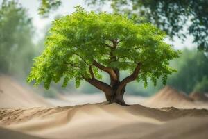 un' albero nel il deserto con sabbia e alberi. ai-generato foto