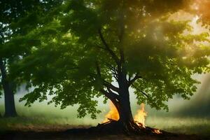 un' albero con fiamme In arrivo a partire dal esso nel il mezzo di il foresta. ai-generato foto