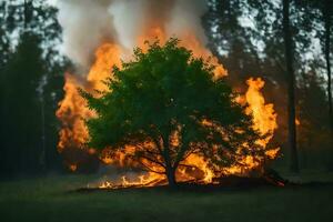 un' albero è ardente nel il erba. ai-generato foto