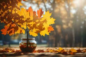 autunno le foglie nel un' vaso su il terra. ai-generato foto