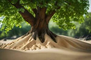 un' albero con radici in crescita su di il sabbia. ai-generato foto