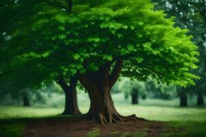 un' albero nel un' campo con verde le foglie. ai-generato foto