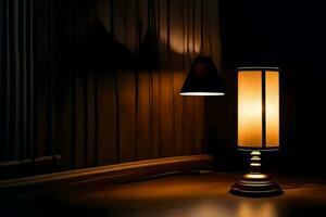 un' lampada è su un' tavolo nel il scuro. ai-generato foto