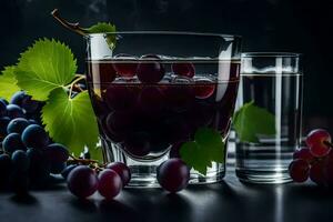un' bicchiere di vino e uva su un' buio sfondo. ai-generato foto