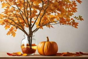 un' vaso con un' zucca e acero le foglie. ai-generato foto