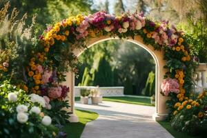 un' colorato arcata con fiori nel il sfondo. ai-generato foto