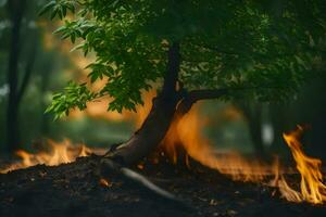 un' albero è ardente nel il foresta. ai-generato foto