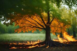 un' albero con fiamme In arrivo su di esso. ai-generato foto