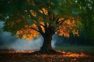 un' albero con arancia le foglie e Fumo In arrivo a partire dal esso. ai-generato foto