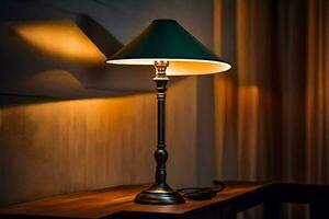 un' lampada su un' tavolo nel un' debolmente illuminato camera. ai-generato foto