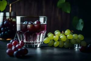 uva e un' bicchiere di vino su un' buio tavolo. ai-generato foto
