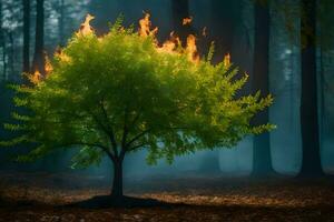 un' albero con fiamme In arrivo su di esso nel il mezzo di un' foresta. ai-generato foto