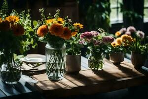 fiori nel vasi su un' tavolo. ai-generato foto