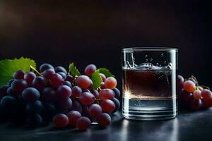 un' bicchiere di acqua e uva su un' buio tavolo. ai-generato foto