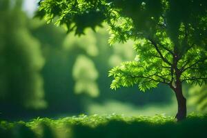 un' piccolo albero nel il mezzo di un' verde campo. ai-generato foto