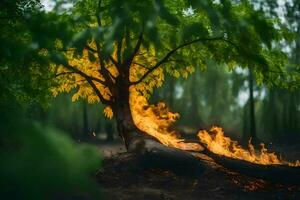 un' albero è ardente nel il foresta. ai-generato foto