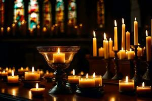 candele siamo illuminato nel un' Chiesa con candele. ai-generato foto