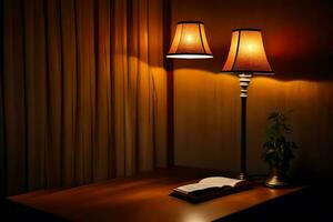 un' lampada e libro su un' tavolo nel un' buio camera. ai-generato foto