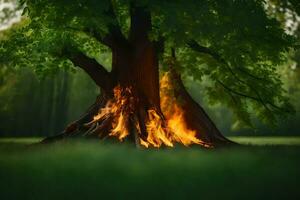 un' albero con fiamme In arrivo su di esso nel il mezzo di il foresta. ai-generato foto