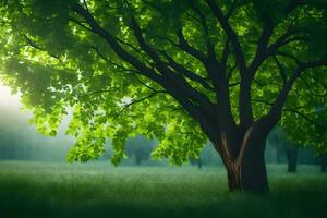 un' albero nel il mezzo di un' verde campo. ai-generato foto