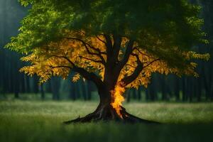 un' albero con fiamme In arrivo su di esso nel il mezzo di un' campo. ai-generato foto