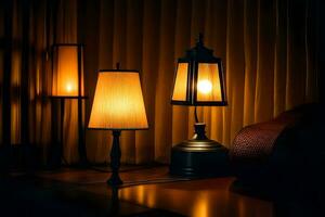 tre lampade siamo illuminato su nel il scuro. ai-generato foto