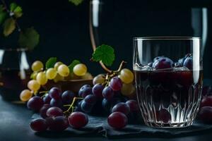 un' bicchiere di vino e uva su un' buio tavolo. ai-generato foto