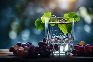 un' bicchiere di acqua con uva e le foglie. ai-generato foto