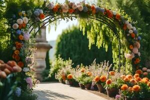 un arcata con fiori e impianti nel il giardino. ai-generato foto