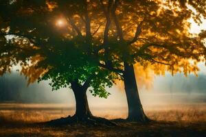 Due alberi nel il nebbioso campo. ai-generato foto