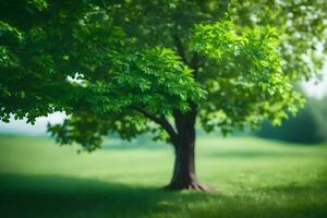 un' albero nel un' campo con verde erba. ai-generato foto