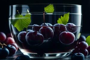 un' bicchiere pieno con uva e le foglie. ai-generato foto