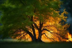 un' albero con fiamme In arrivo su di esso nel il mezzo di il notte. ai-generato foto