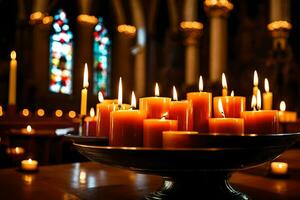 candele nel un' Chiesa con candele illuminato. ai-generato foto