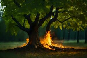 un' albero con fiamme In arrivo su di esso. ai-generato foto