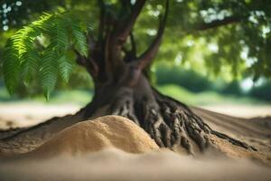 un' albero è in crescita su di il sabbia nel il mezzo di un' campo. ai-generato foto