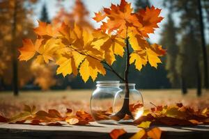 autunno le foglie nel un' bicchiere vaso su un' tavolo. ai-generato foto