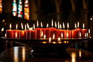 un' grande numero di candele siamo illuminato nel un' Chiesa. ai-generato foto