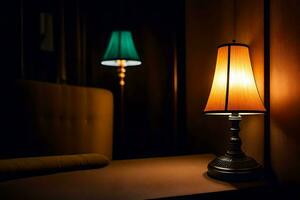 un' lampada è illuminato nel il scuro. ai-generato foto