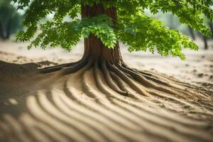 un' albero con radici nel il sabbia. ai-generato foto