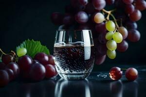 un' bicchiere di vino e uva su un' buio sfondo. ai-generato foto