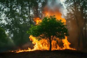 un' albero è ardente nel il mezzo di un' campo. ai-generato foto