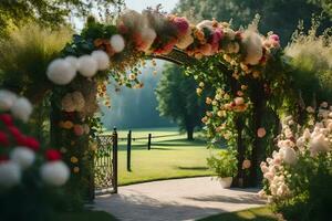 un' nozze arco decorato con fiori e palloncini. ai-generato foto