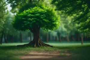 un' albero nel il mezzo di un' verde foresta. ai-generato foto