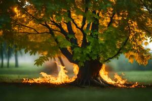 un' albero con fiamme In arrivo su di esso. ai-generato foto