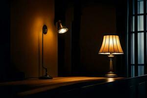 un' lampada e un' tavolo nel il scuro. ai-generato foto