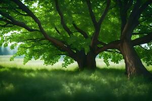 un' albero nel un' campo con erba e alberi. ai-generato foto