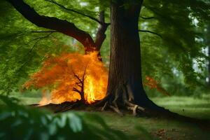 un' albero è ardente nel il foresta. ai-generato foto