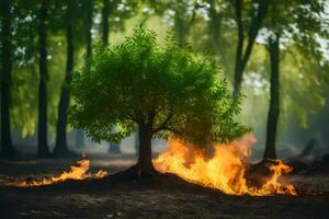 un' albero è ardente nel il mezzo di un' foresta. ai-generato foto