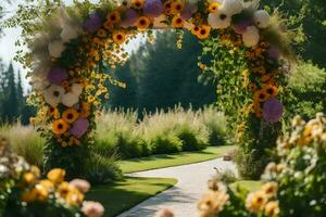 un' nozze arco con girasoli e fiori. ai-generato foto